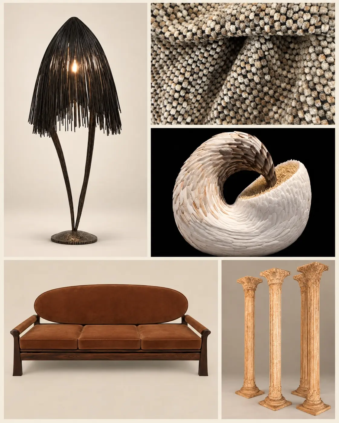 Collage BAIA de matières, mobilier et objets sculpturaux