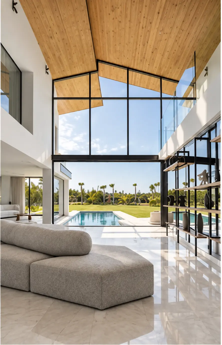 Salon ouvert sur la piscine de la villa Dar Bouazza, Casablanca, design BAIA